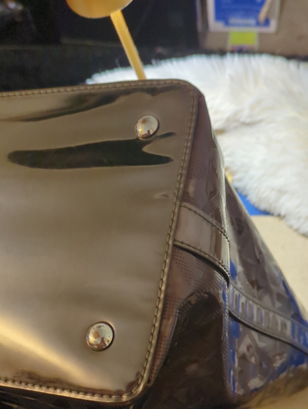 Michael Kors Brown Monogram Logo Patent Tote with Cream Straps - Picture 7 of 8